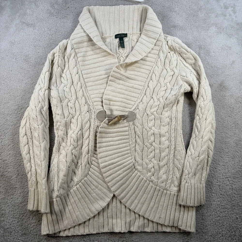 LRL Cardigan Womens Large Cream Cable Knit Shawl Collar Toggle Chunky Sweater - Picture 1 of 6